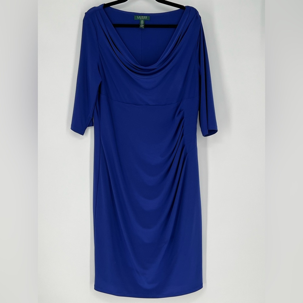 Lauren Ralph Lauren Draped‎ Cowl Neck Sheath Dress in royal blue.